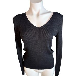 Camaieu French Metallic Rib Knit V Neck Sweater Crisscross Back Black M
